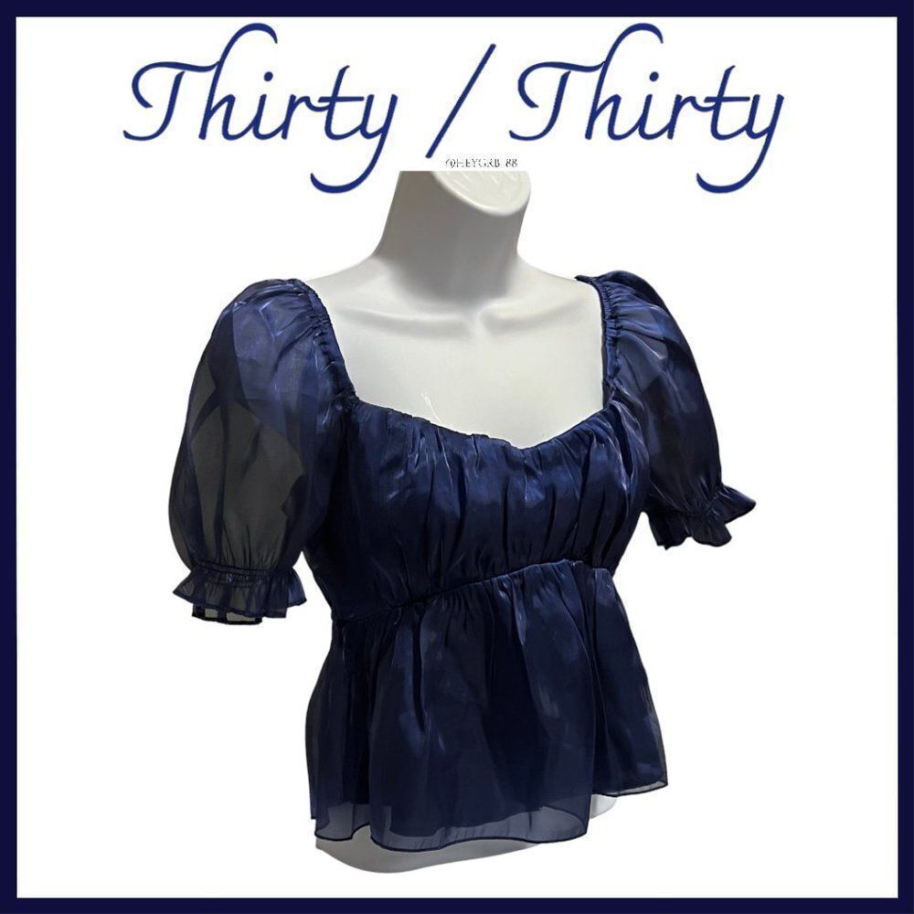 Thirty Thirty (NWT) Navy Crystal Sheer Organza Baby Doll Top Puff Sleeves (M) Jr